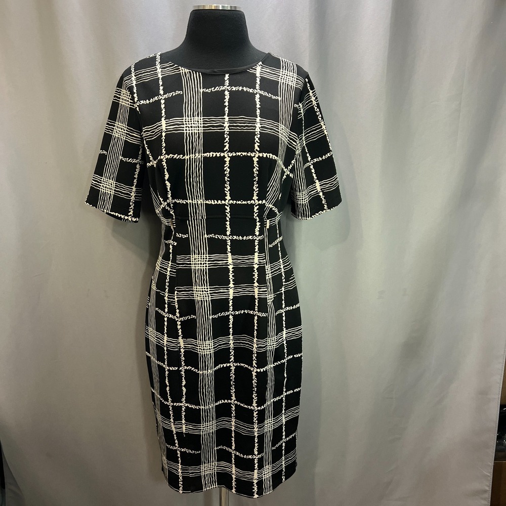Madison Grey Bodycon Midi Dress Womens 8 Black White Plaid Short Sleeve Back Zip
